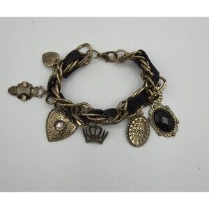 Betsey Johnson Gold Tone Charm Bracelet Black Suede Heart Crown Statement